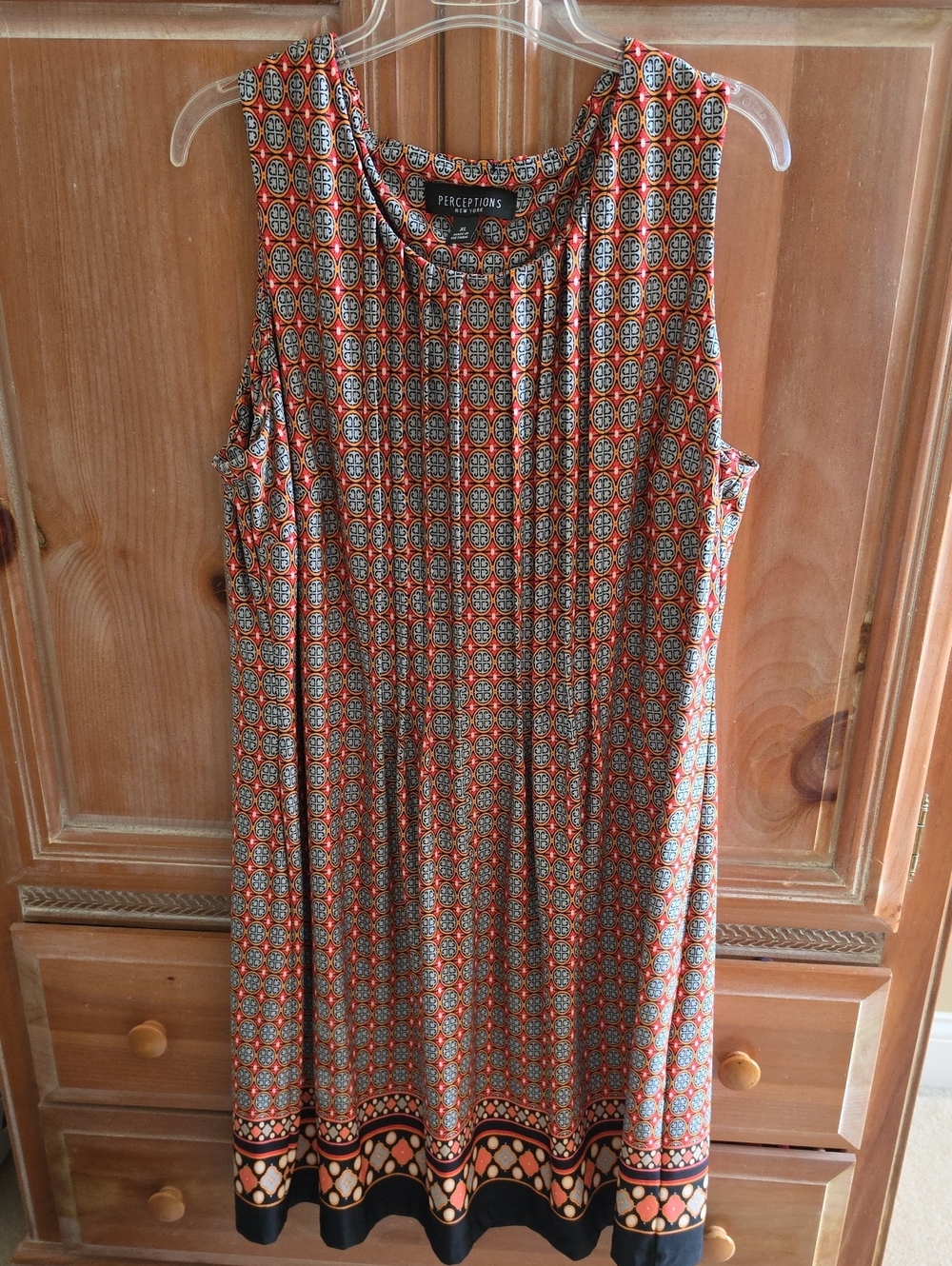 Perceptions Orange and Black Sleeveless Geometric Midi Dress